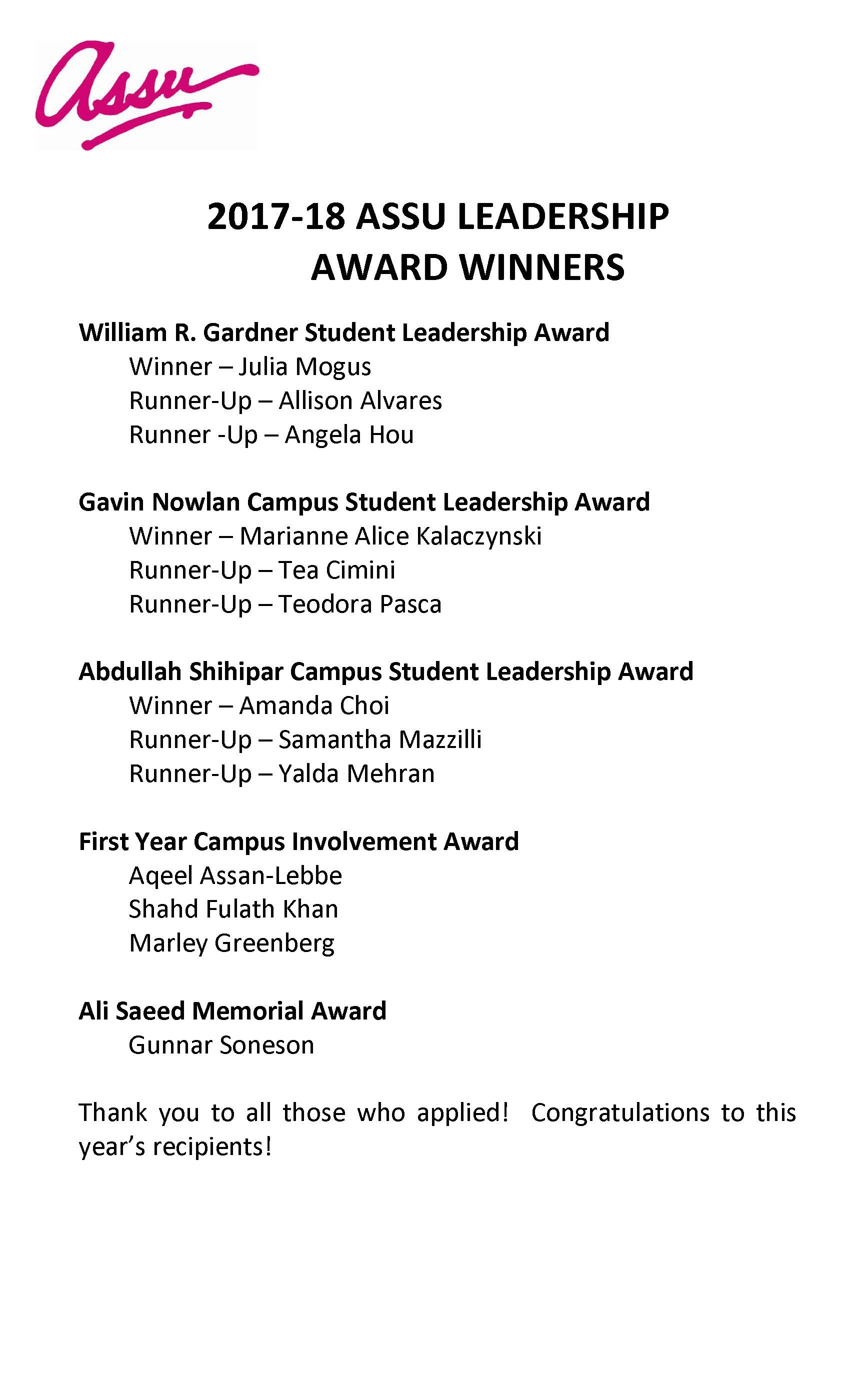 Congratulations to our 20172018 Leadership Award Winners! Arts